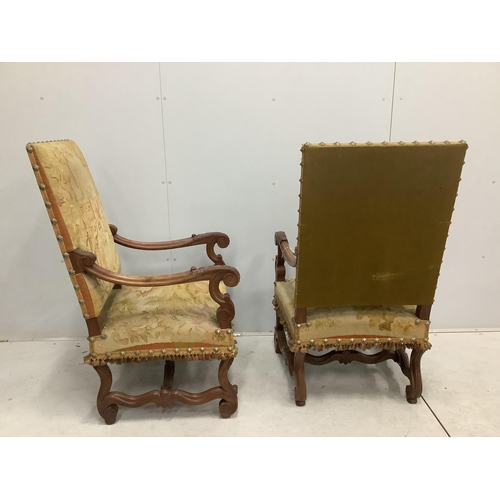 71 - A pair of 18th century style walnut and needlepoint tapestry chairs, width 63cm, depth 64cm, height ... 