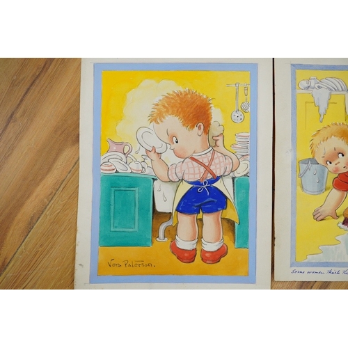 718 - Reg Maurice (Aka. Vera Paterson), four original gouaches on card for postcards, humorous children to... 