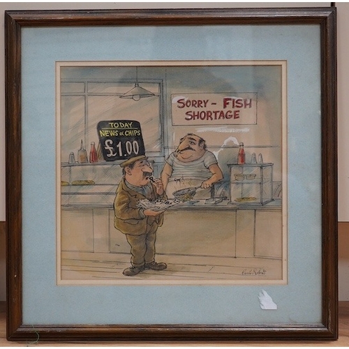 721 - Carlo Roberto, ink and watercolour, Fish and Chip Shop caricature 'Fish Shortage', signed, 28 x 29cm... 