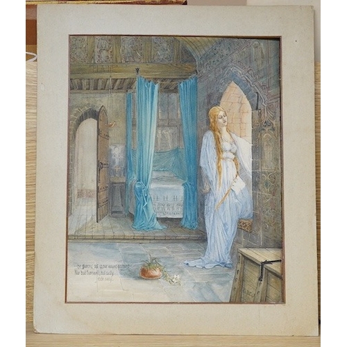 724 - Pre-Raphaelite School, watercolour, Study of a robed woman in an interior, monogrammed WHW and dated... 