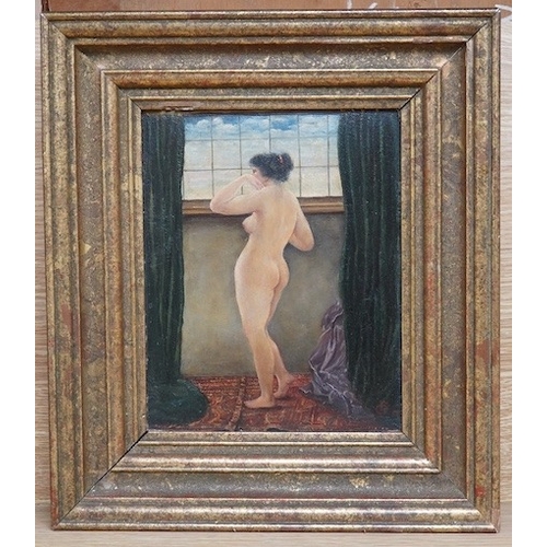 725 - Manner of Frederick Goodall, oil on board, Nude woman at a window, indistinctly monogrammed possibly... 