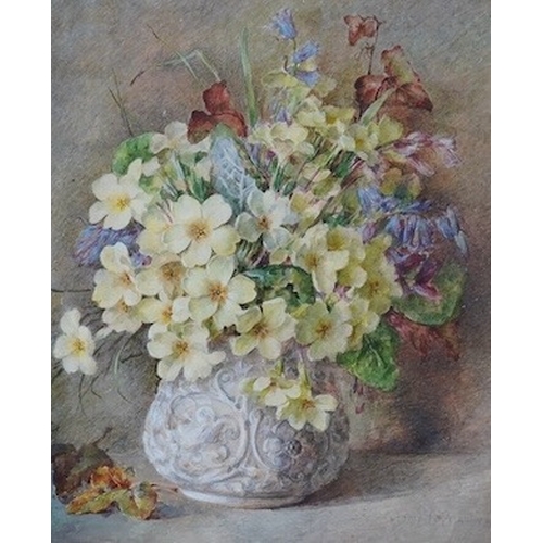 738 - E. Mary Burgess (1787-1961), watercolour, Still life of pansies in a jug, partial James Bourlet & So... 