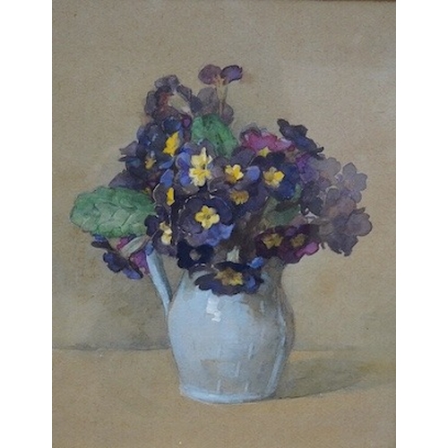 738 - E. Mary Burgess (1787-1961), watercolour, Still life of pansies in a jug, partial James Bourlet & So... 