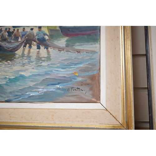 747 - Tortini, impressionist oil on canvas, Harbour scene with figures and fishing boats, signed, 50 x 70c... 