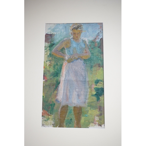 751 - Modern British, oil on canvas board, Full length study of standing woman, 32 x 18cm. Condition - fai... 