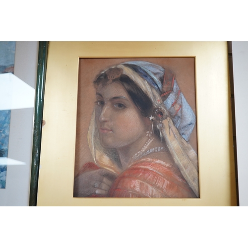 752 - Orientalist School, pastel, Head and shoulders portrait of a woman, unsigned, mounted, 33 x 28cm, un... 