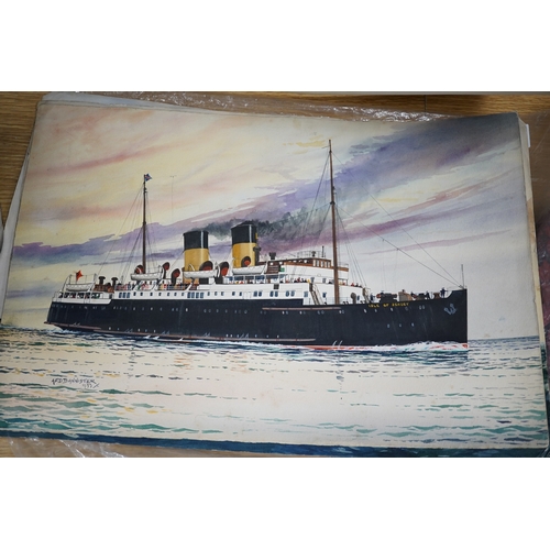 760 - A F D Bannister, five original gouaches on card for postcards, Cross Channel Ferry Steamers, T.S Ams... 