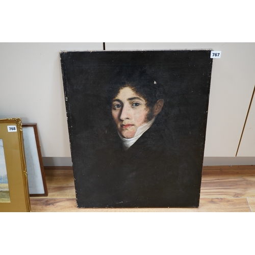 767 - 19th century English School, oil on canvas, Head and shoulders portrait of a gentleman wearing a cra... 