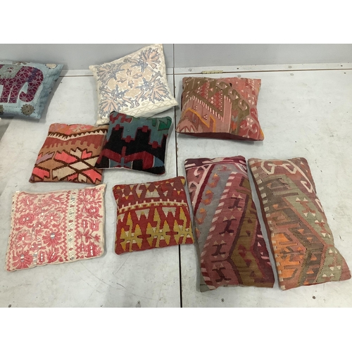 77 - A collection of sixteen Kilim and other embroidered cushions, largest 38 x 35cm. Condition - fair... 