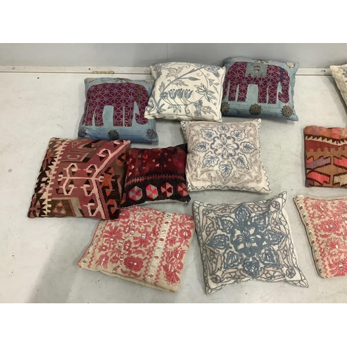 77 - A collection of sixteen Kilim and other embroidered cushions, largest 38 x 35cm. Condition - fair... 