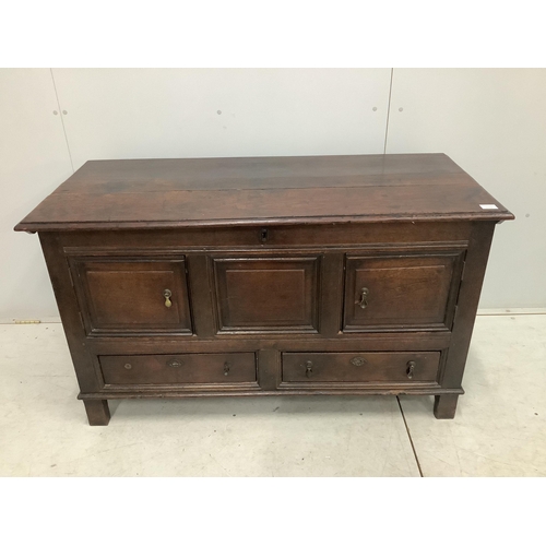 78 - An 18th century oak mule chest, adapted, width 132cm, depth 56cm, height 77cm. Condition - fair... 