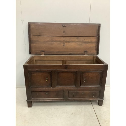 78 - An 18th century oak mule chest, adapted, width 132cm, depth 56cm, height 77cm. Condition - fair... 