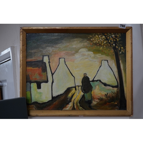 780 - A decorative Irish oil on board, figures before cottages, 34 x 44cm. Condition - good