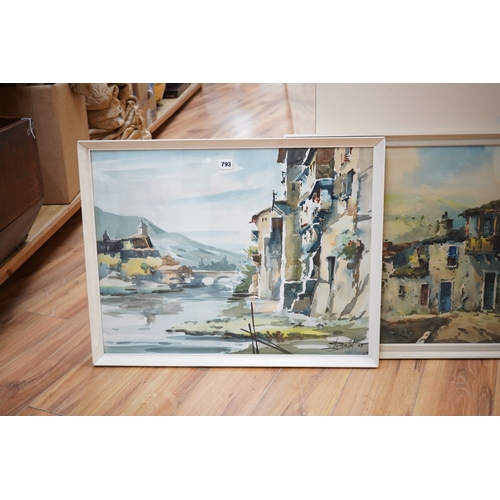 793 - Javier Varela Guillot (20th. C), two watercolours, Northern Spanish town scenes, signed, 49 x 65cm. ... 