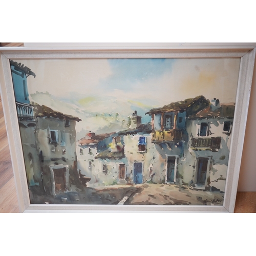 793 - Javier Varela Guillot (20th. C), two watercolours, Northern Spanish town scenes, signed, 49 x 65cm. ... 