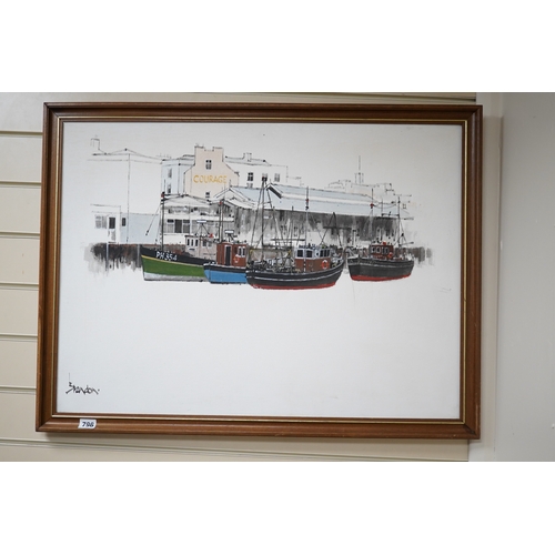 796 - Brandon Cross (20th. C), oil on canvas, St Ives harbour view with moored fishing boats, signed, 55 x... 