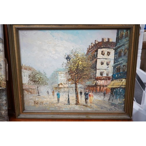 799 - Burnett, two impressionist oils on canvas, Parisian street scenes, each signed, 39 x 49cm. Condition... 