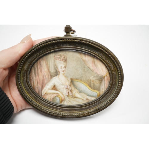 803 - 19th century, oval portrait miniature on ivory, signed nito, housed in a cast brass frame, overall 1... 