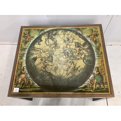 81 - A military style brass bound mahogany coffee table, the top inset with a celestial chart, width 76cm... 