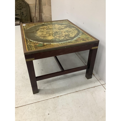 81 - A military style brass bound mahogany coffee table, the top inset with a celestial chart, width 76cm... 