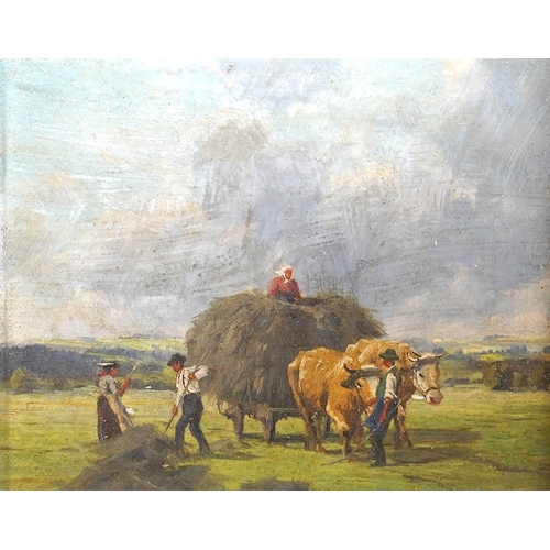 812 - Peter Eichhorn (German, 1877-1960), pair of miniature oils on board, Haymaking scene and horse and c... 