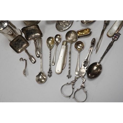 826 - Assorted small silver and other white metal items including fruit knives, a pair of Georgian sugar n... 