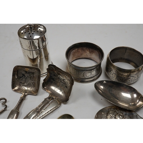 826 - Assorted small silver and other white metal items including fruit knives, a pair of Georgian sugar n... 