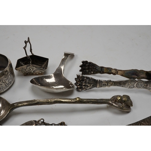 826 - Assorted small silver and other white metal items including fruit knives, a pair of Georgian sugar n... 