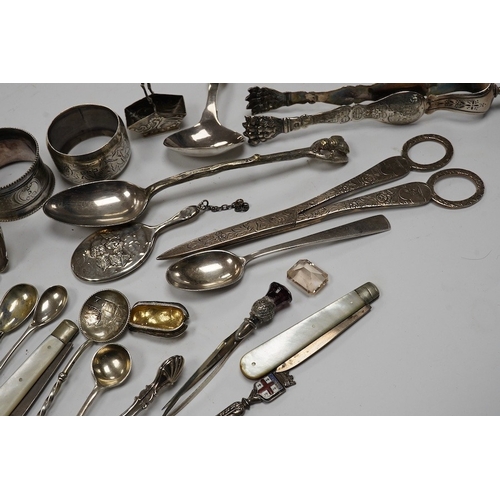 826 - Assorted small silver and other white metal items including fruit knives, a pair of Georgian sugar n... 