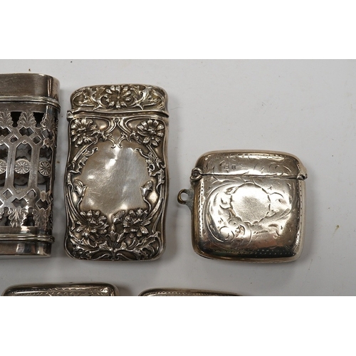 833 - Seven assorted late 19th/early 20th century silver vesta cases, largest 48mm, a sterling case and on... 