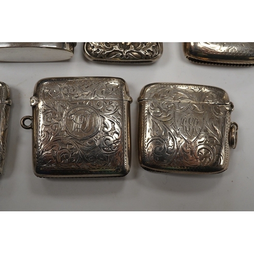 833 - Seven assorted late 19th/early 20th century silver vesta cases, largest 48mm, a sterling case and on... 