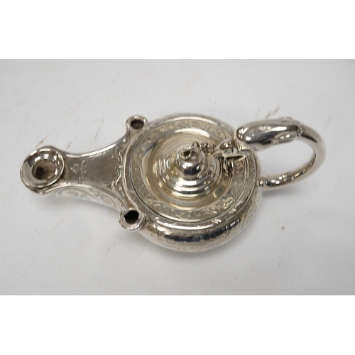 850 - A Victorian silver combination inkwell and table lighter modelled as a lamp, by James Charles Edingt... 