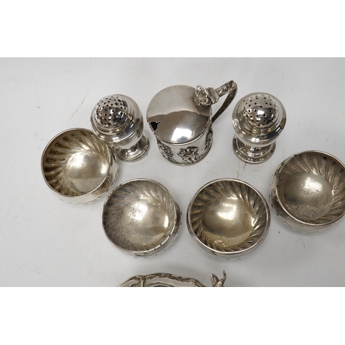 851 - Assorted small silver including a cigarette case, set of four Victorian salts by Thomas Bradbury & S... 