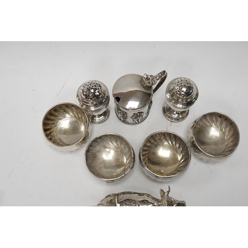 851 - Assorted small silver including a cigarette case, set of four Victorian salts by Thomas Bradbury & S... 