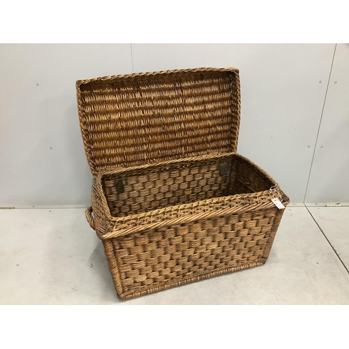 88 - A vintage wicker laundry basket, width 93cm, depth 58cm, height 58cm. Condition - fair