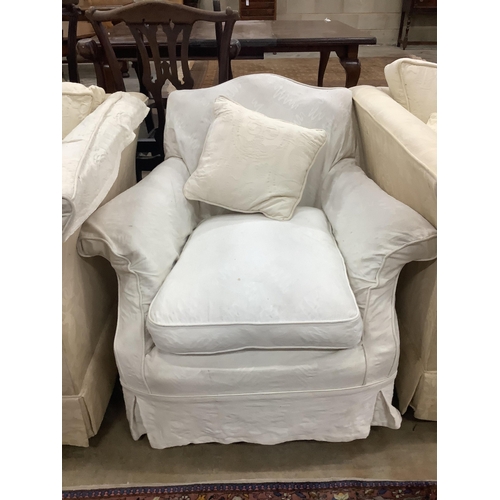 90 - A pair of cream brocade upholstered three seater chesterfield settees, width 224cm, depth 91cm, heig... 