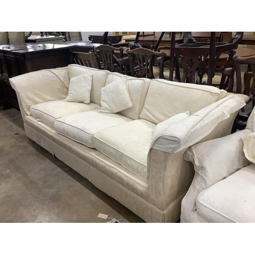 90 - A pair of cream brocade upholstered three seater chesterfield settees, width 224cm, depth 91cm, heig... 