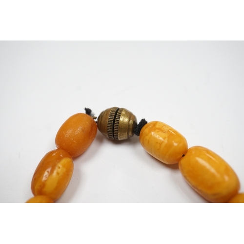 903 - A single strand graduated oval amber bead necklace, 42cm, gross weight 49 grams. Condition - poor to... 