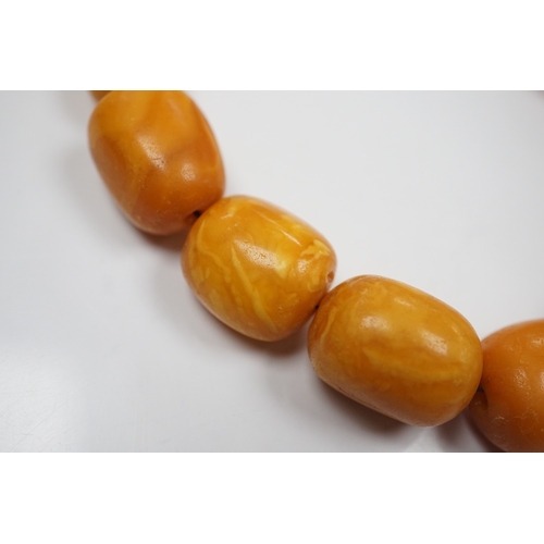 903 - A single strand graduated oval amber bead necklace, 42cm, gross weight 49 grams. Condition - poor to... 