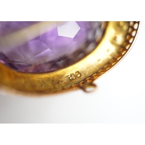 905 - A mid 20th century 9ct and single stone oval cut amethyst set pendant brooch, with seed pearl border... 