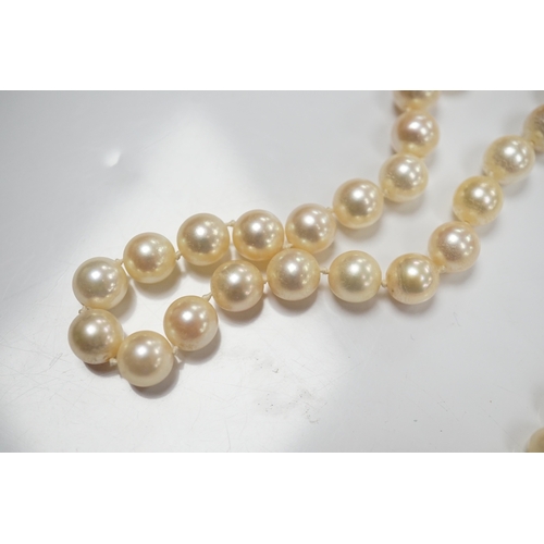 909 - Two modern single strand cultured pearl necklaces, one with cultured pearl and gem set 18ct gold cla... 