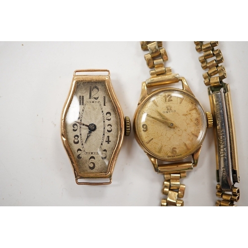 912 - A lady's 1930's? 9ct gold manual wind wrist watch, no strap and 9ct gold Omega manual wind wrist wat... 