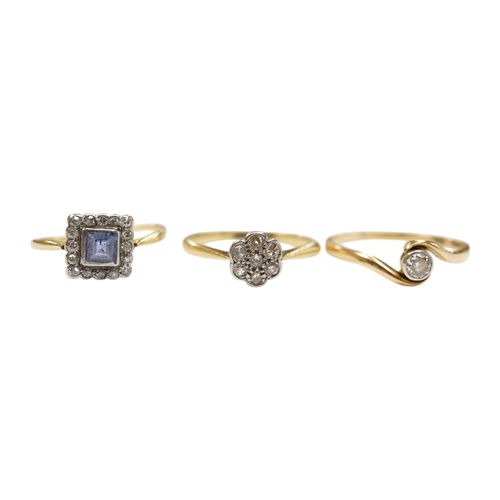 916 - A 1920's 18ct and plat. sapphire and diamond set square cluster ring, size M, and two similar 18ct a... 