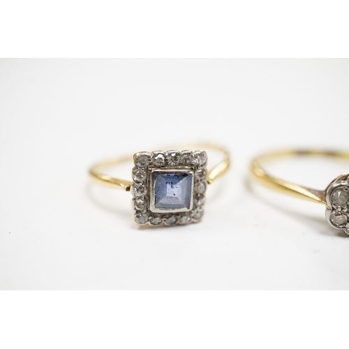 916 - A 1920's 18ct and plat. sapphire and diamond set square cluster ring, size M, and two similar 18ct a... 