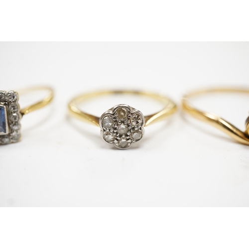 916 - A 1920's 18ct and plat. sapphire and diamond set square cluster ring, size M, and two similar 18ct a... 