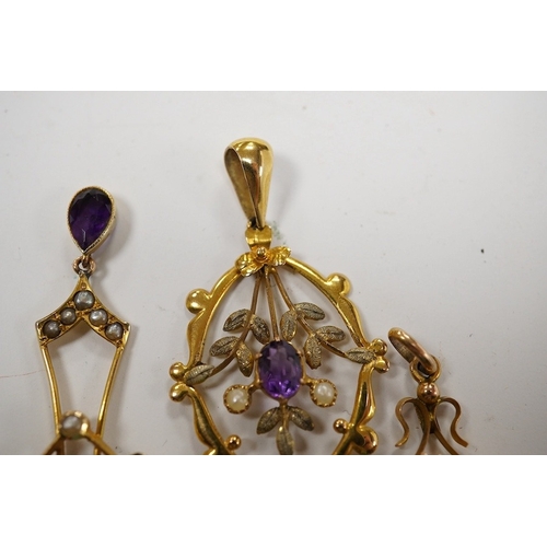 917 - Three assorted early 20th century 9ct and gem set pendants, largest 53mm, gross weight 6.4 grams. Co... 