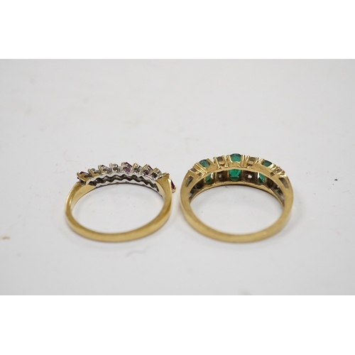 918 - A modern 18ct gold, ruby and diamond set half hoop ring, size M and a yellow metal emerald and diamo... 