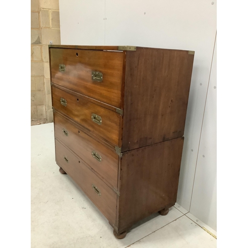 92 - A Victorian brass mounted mahogany two part secretaire military chest with later pigeonhole interior... 