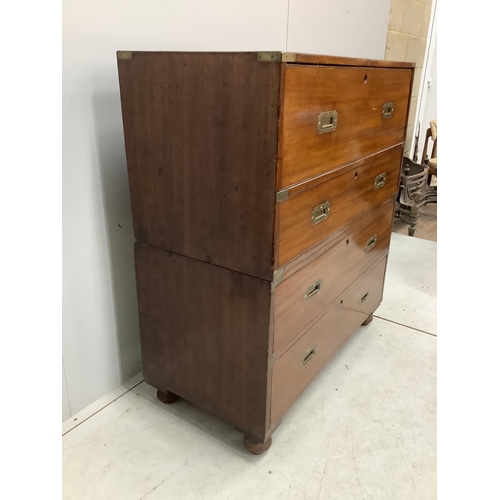 92 - A Victorian brass mounted mahogany two part secretaire military chest with later pigeonhole interior... 