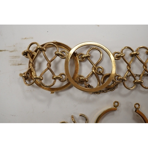 932 - A 9ct gold coin bracelet (now lacking coins), one other 9ct gold coin mount and a similar yellow met... 